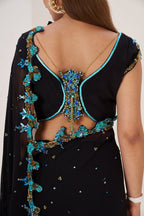 2 Pcs Black Saree Set with Aqua Detailing and Designer Blouse