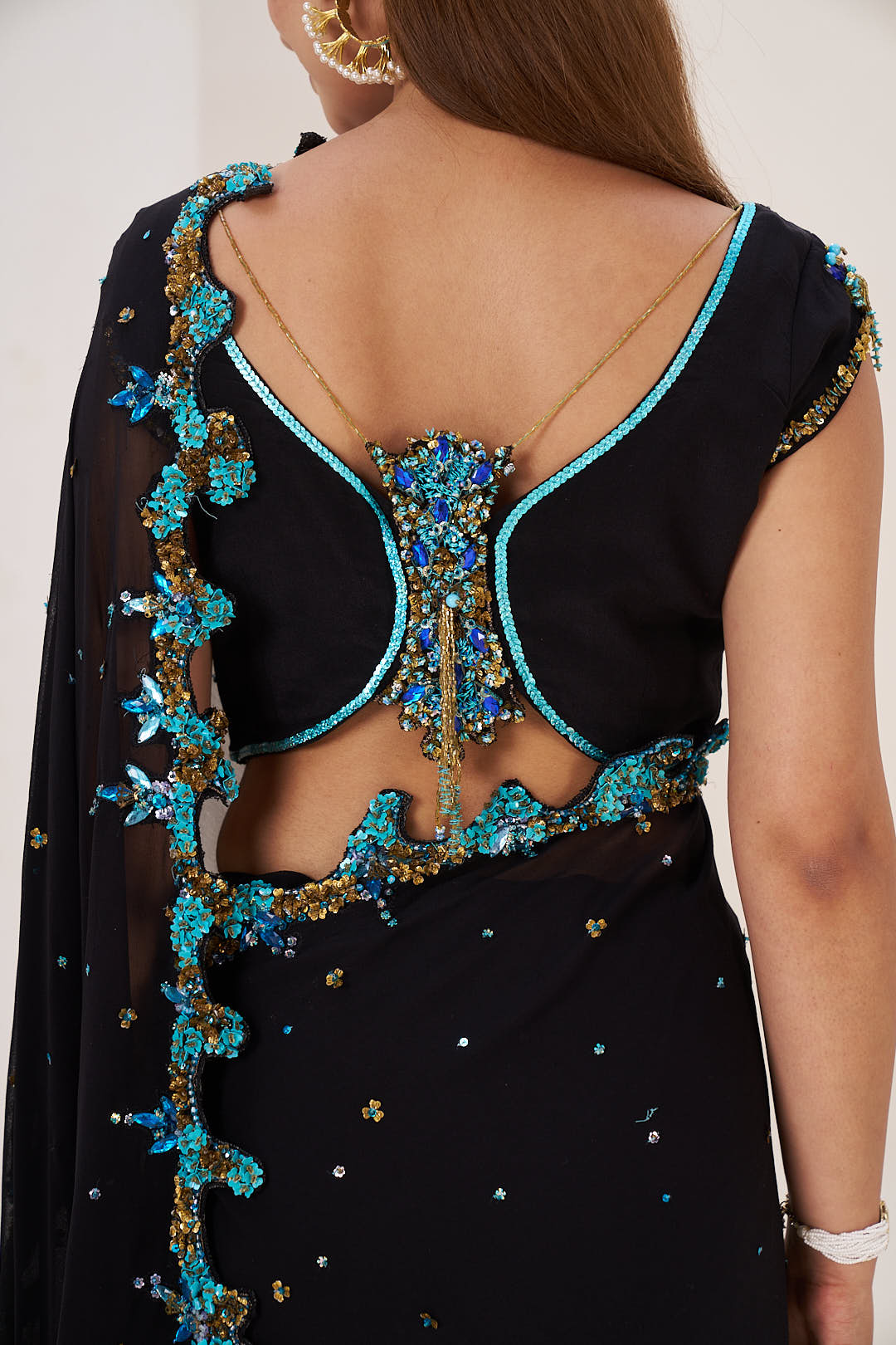 2 Pcs Black Saree Set with Aqua Detailing and Designer Blouse