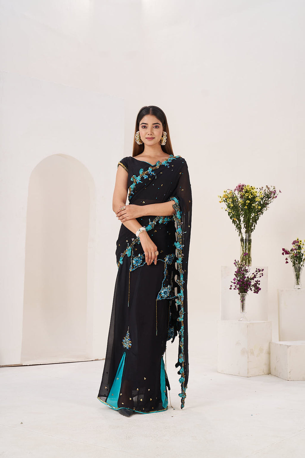 2 Pcs Black Saree Set with Aqua Detailing and Designer Blouse