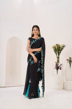 2 Pcs Black Saree Set with Aqua Detailing and Designer Blouse