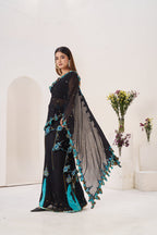 2 Pcs Black Saree Set with Aqua Detailing and Designer Blouse