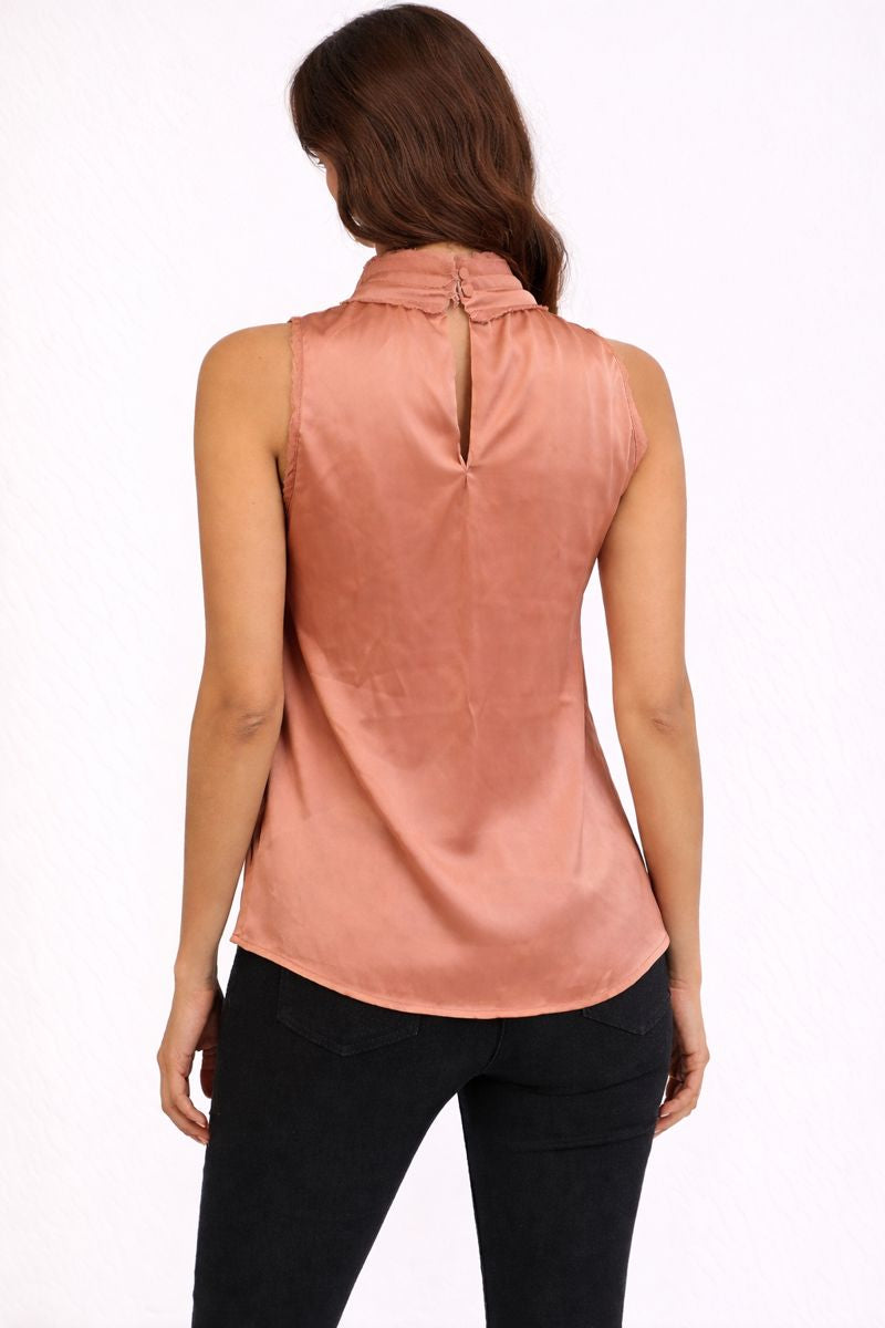 Lustrous Satin Mock-Neck Sleeveless Top