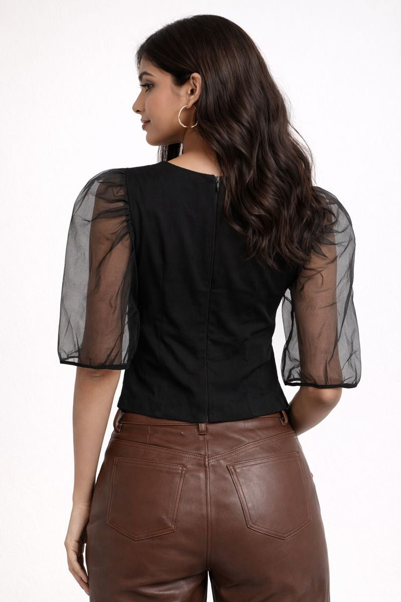 Elegant Black Top with Sheer Organza Puff Sleeves