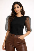Elegant Black Top with Sheer Organza Puff Sleeves