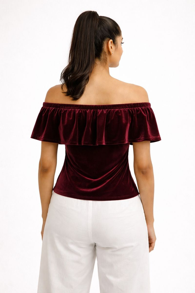 Wine Red Velvet Ruffle Off-Shoulder Top