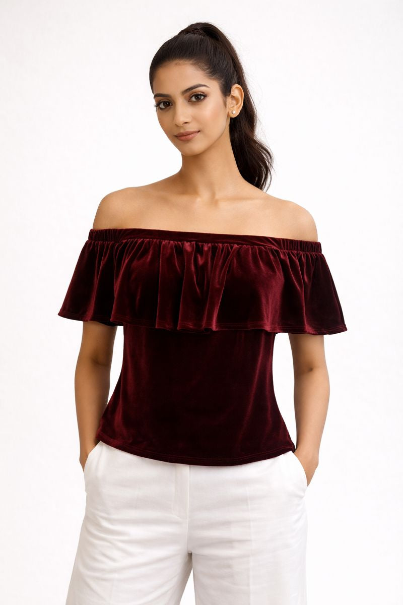 Wine Red Velvet Ruffle Off-Shoulder Top