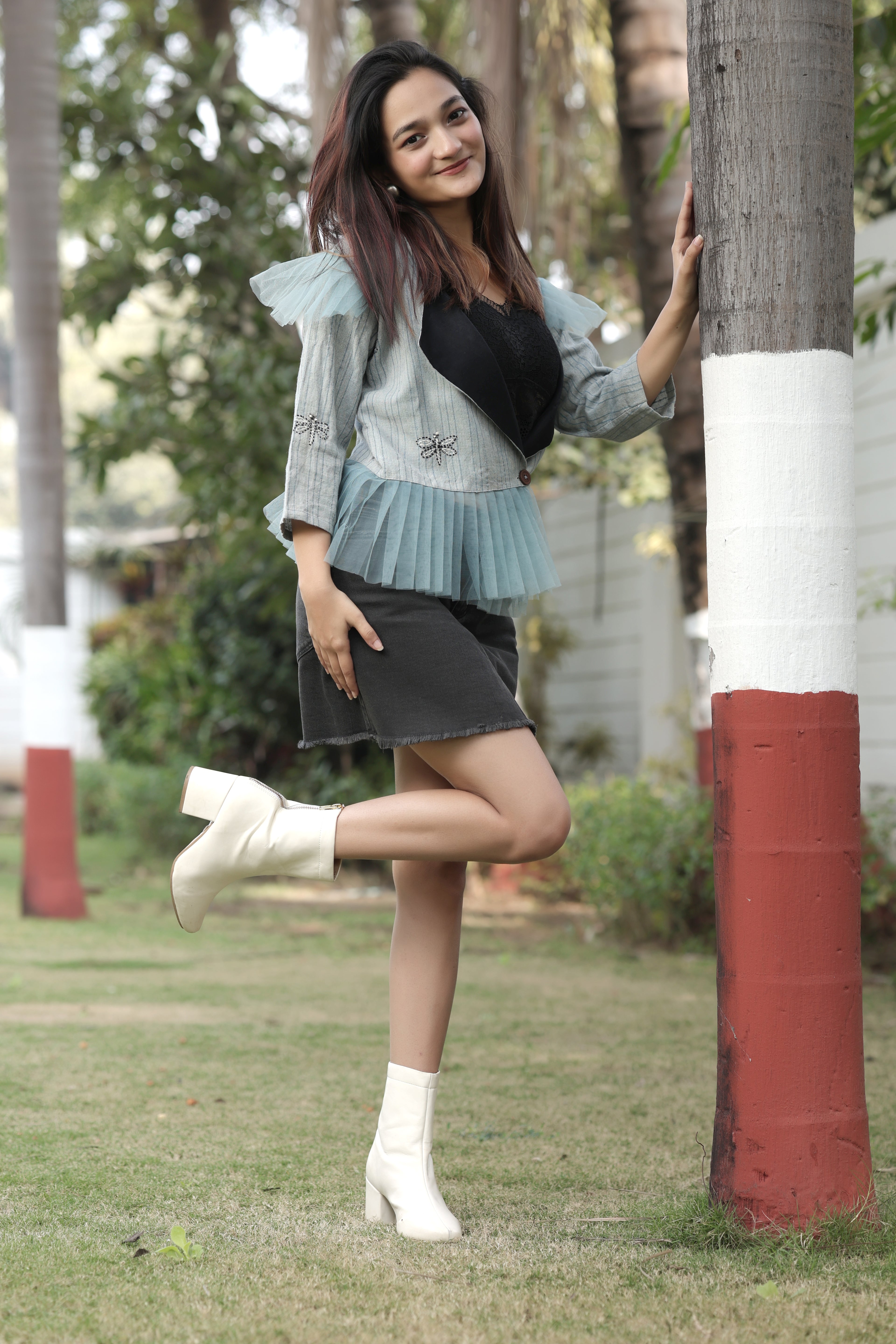 Contemporary Textured Jacket with Tulle Ruffle Trim