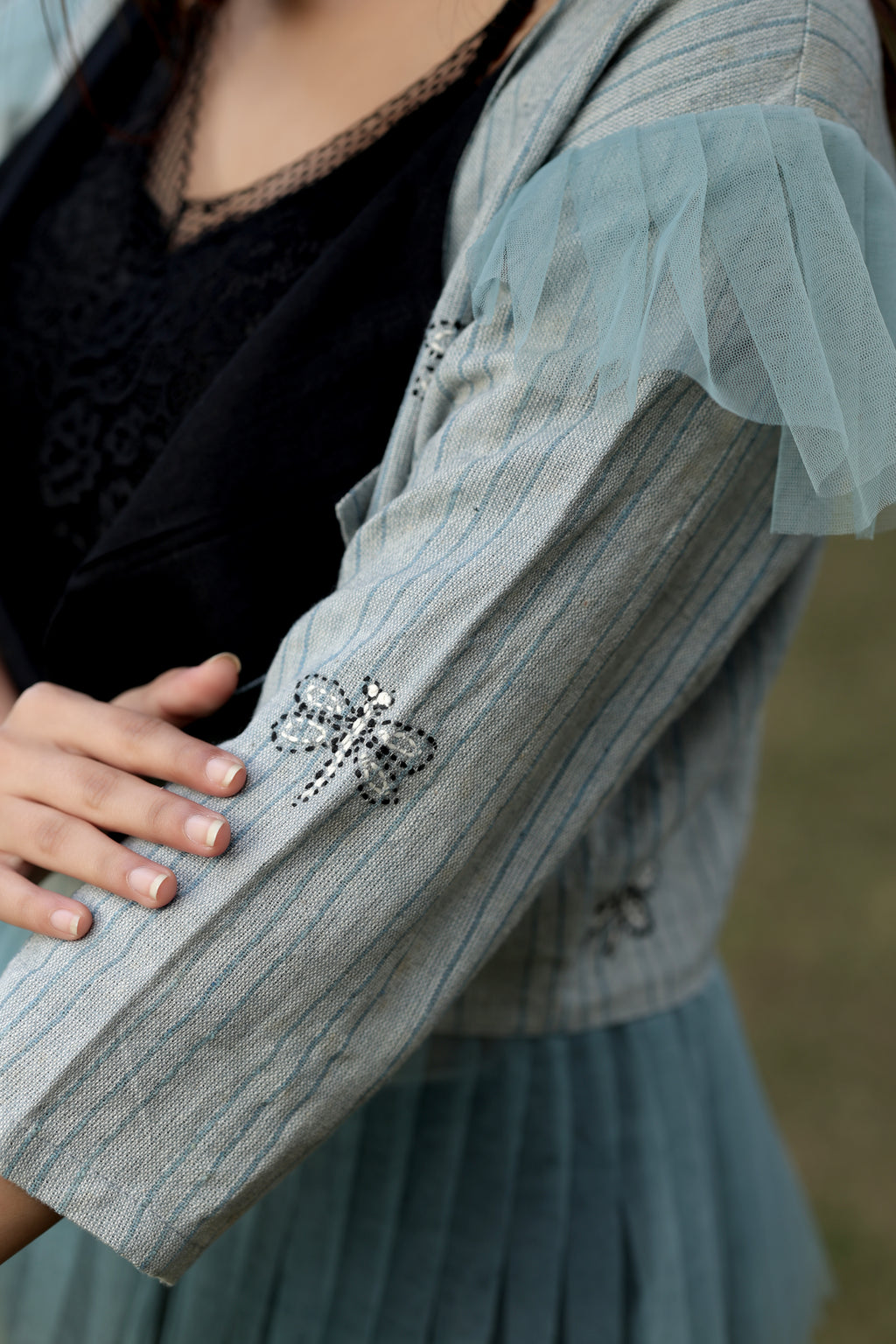 Contemporary Textured Jacket with Tulle Ruffle Trim