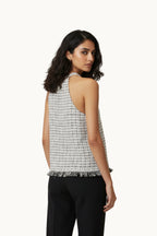 Monochrome Tweed Halter Top with Fringed Hem