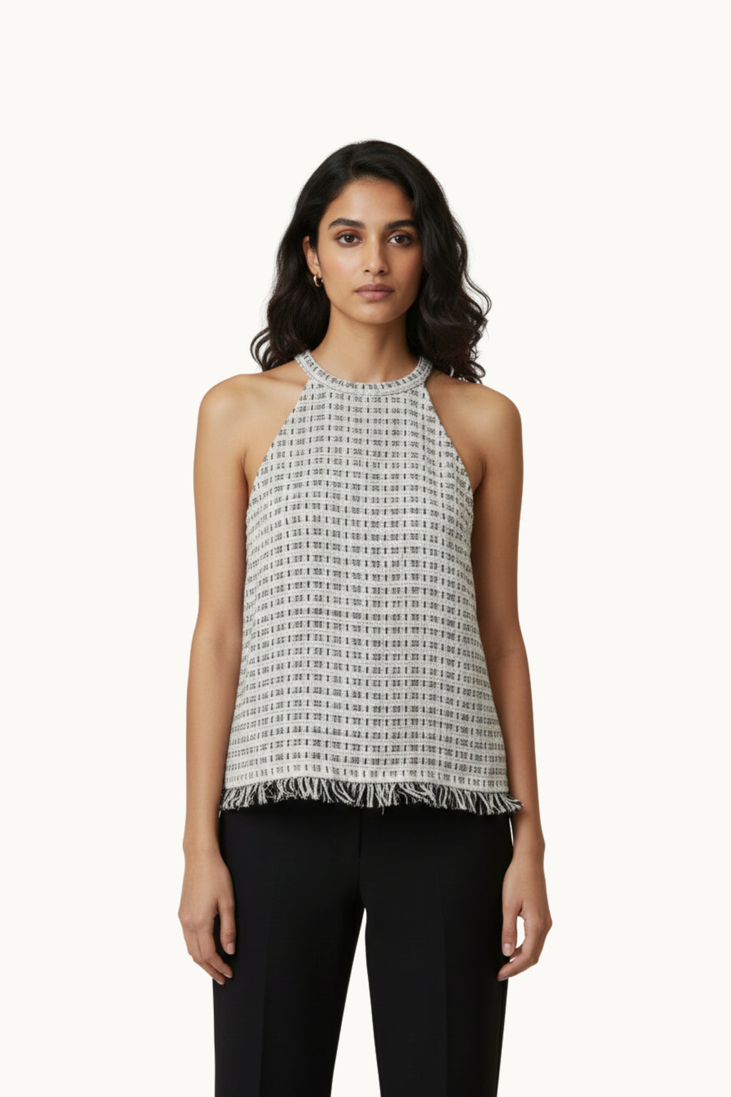 Monochrome Tweed Halter Top with Fringed Hem