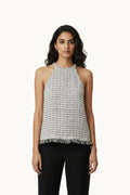 Monochrome Tweed Halter Top with Fringed Hem