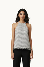 Monochrome Tweed Halter Top with Fringed Hem