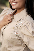 Beige Puff-Sleeve Blouse with Floral Sequin Embroidery
