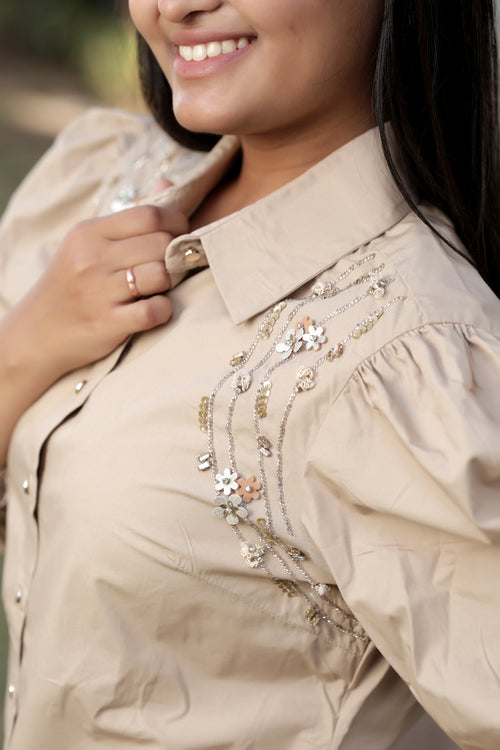 Beige Puff-Sleeve Blouse with Floral Sequin Embroidery