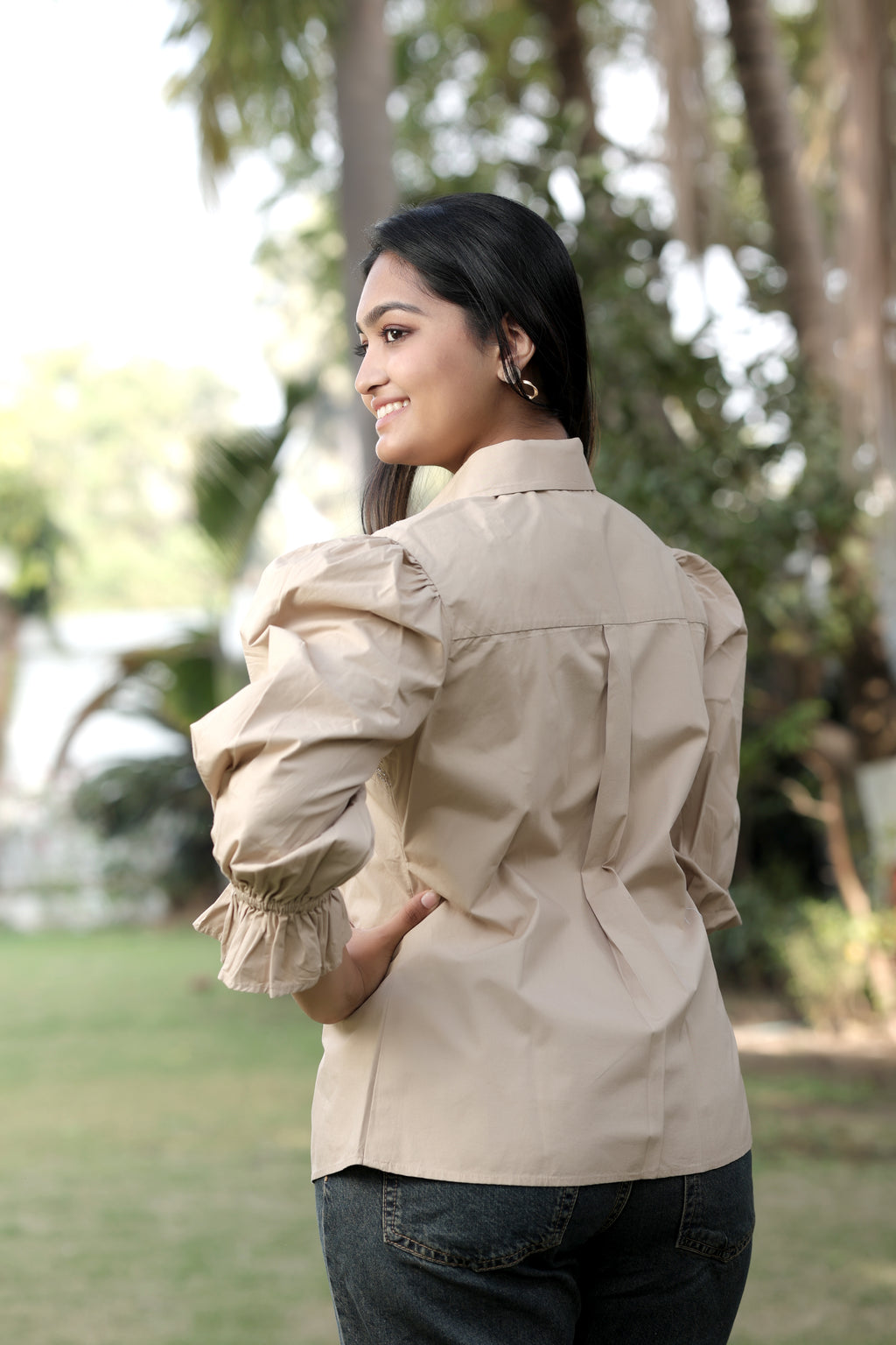 Beige Puff-Sleeve Blouse with Floral Sequin Embroidery