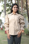 Beige Puff-Sleeve Blouse with Floral Sequin Embroidery