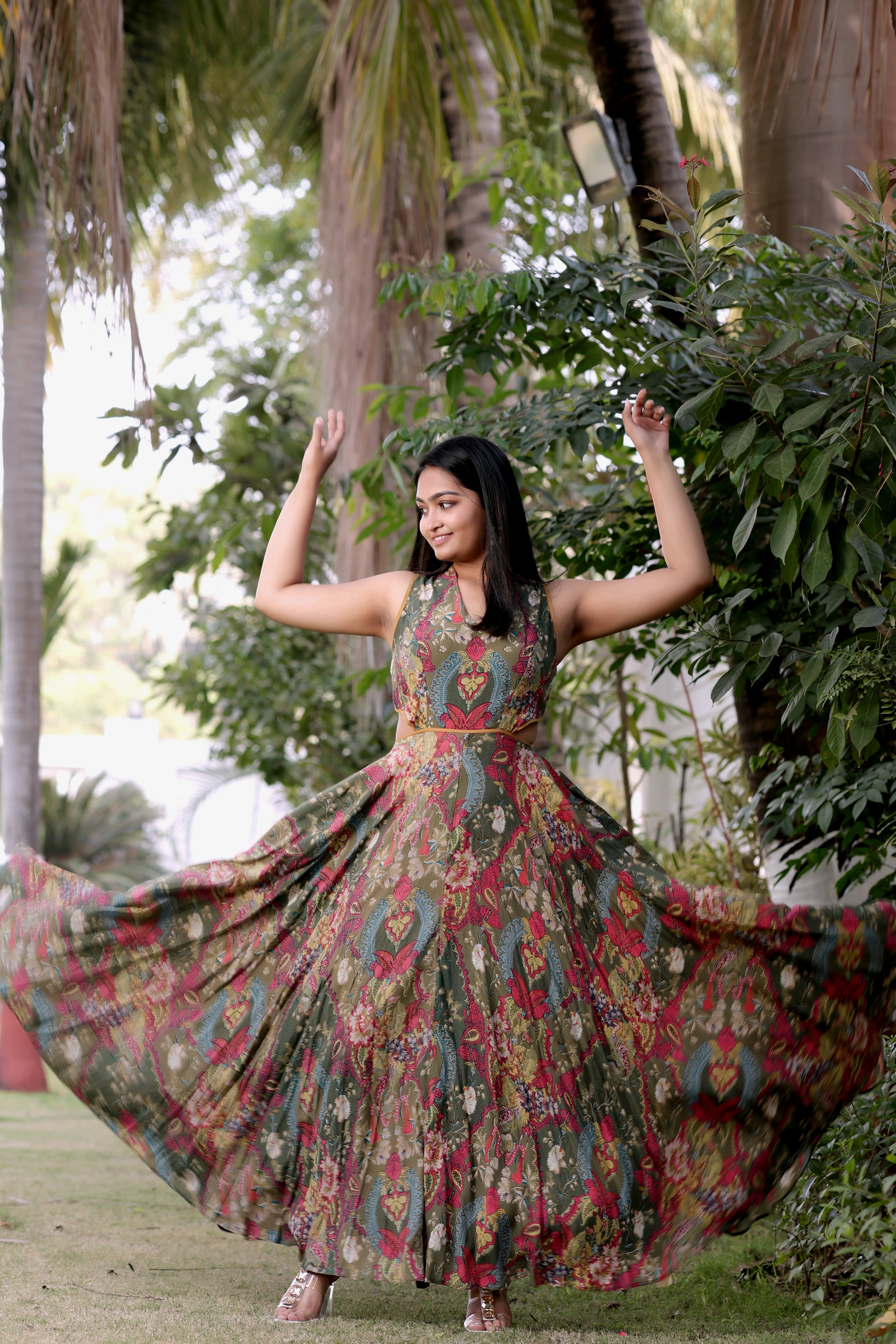 Olive Kalamkari Print Sleeveless Ankle-Length Maxi Dress