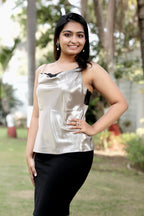 Luminous Champagne Satin Cami with Scalloped Lace Trim