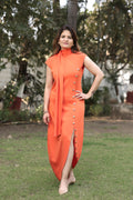 Tangerine High-Neck Midi Dress with Side-Button Detail