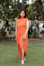 Tangerine High-Neck Midi Dress with Side-Button Detail