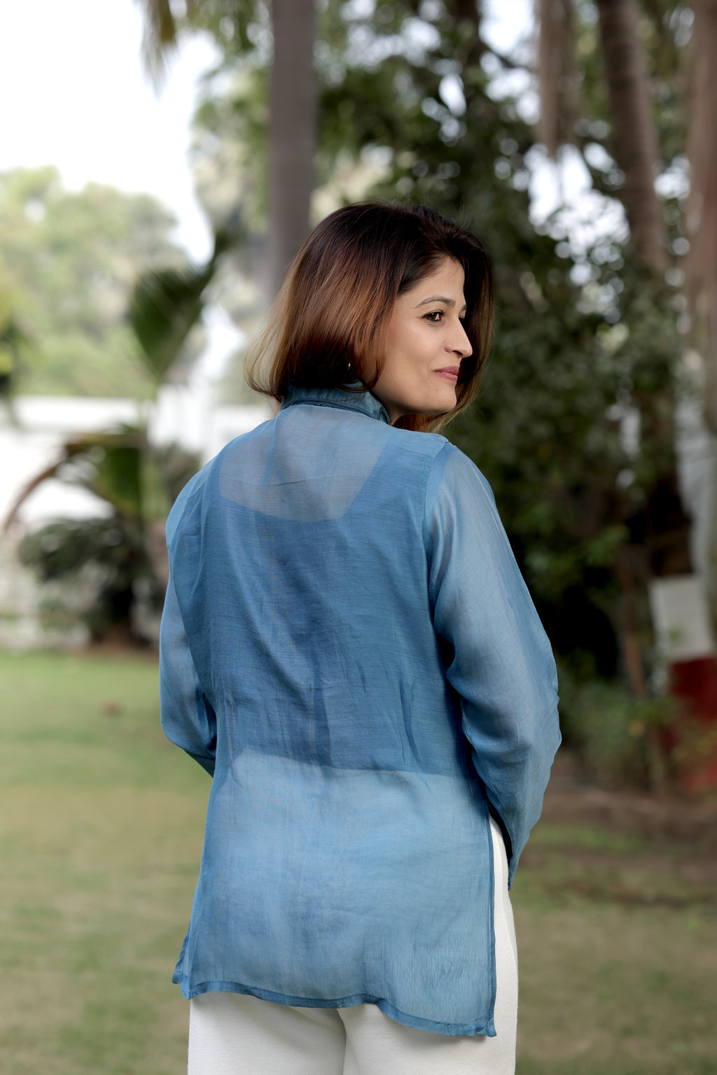 Sheer Layered Button-Up Top with Pearl-Encrusted Pointed Collar