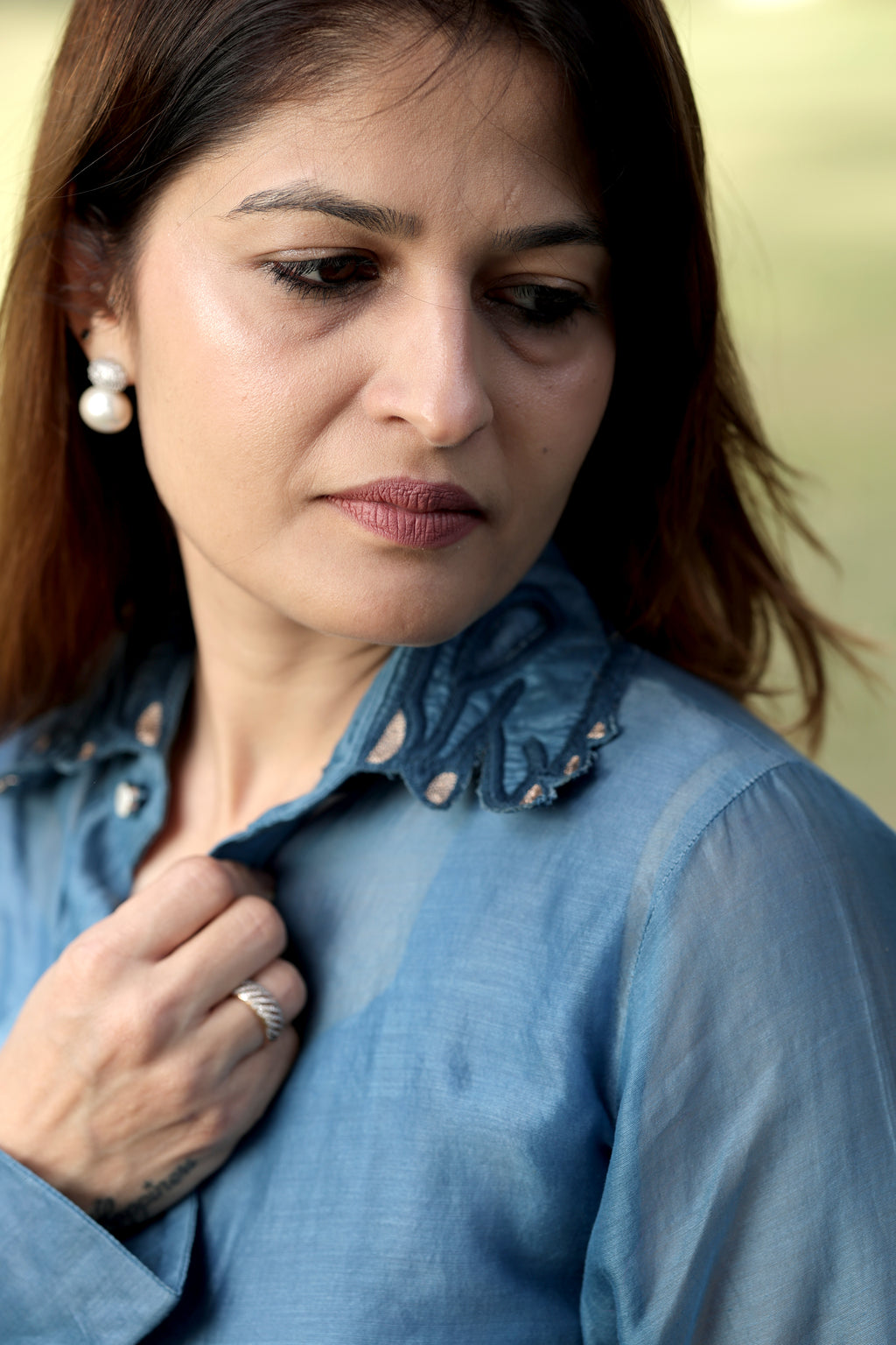 Sheer Layered Button-Up Top with Pearl-Encrusted Pointed Collar
