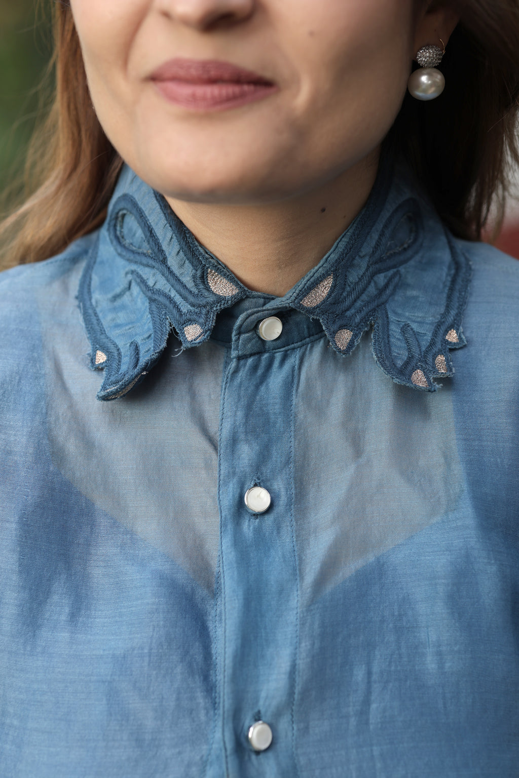 Sheer Layered Button-Up Top with Pearl-Encrusted Pointed Collar