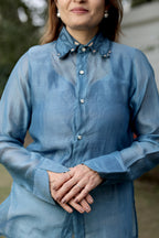 Sheer Layered Button-Up Top with Pearl-Encrusted Pointed Collar