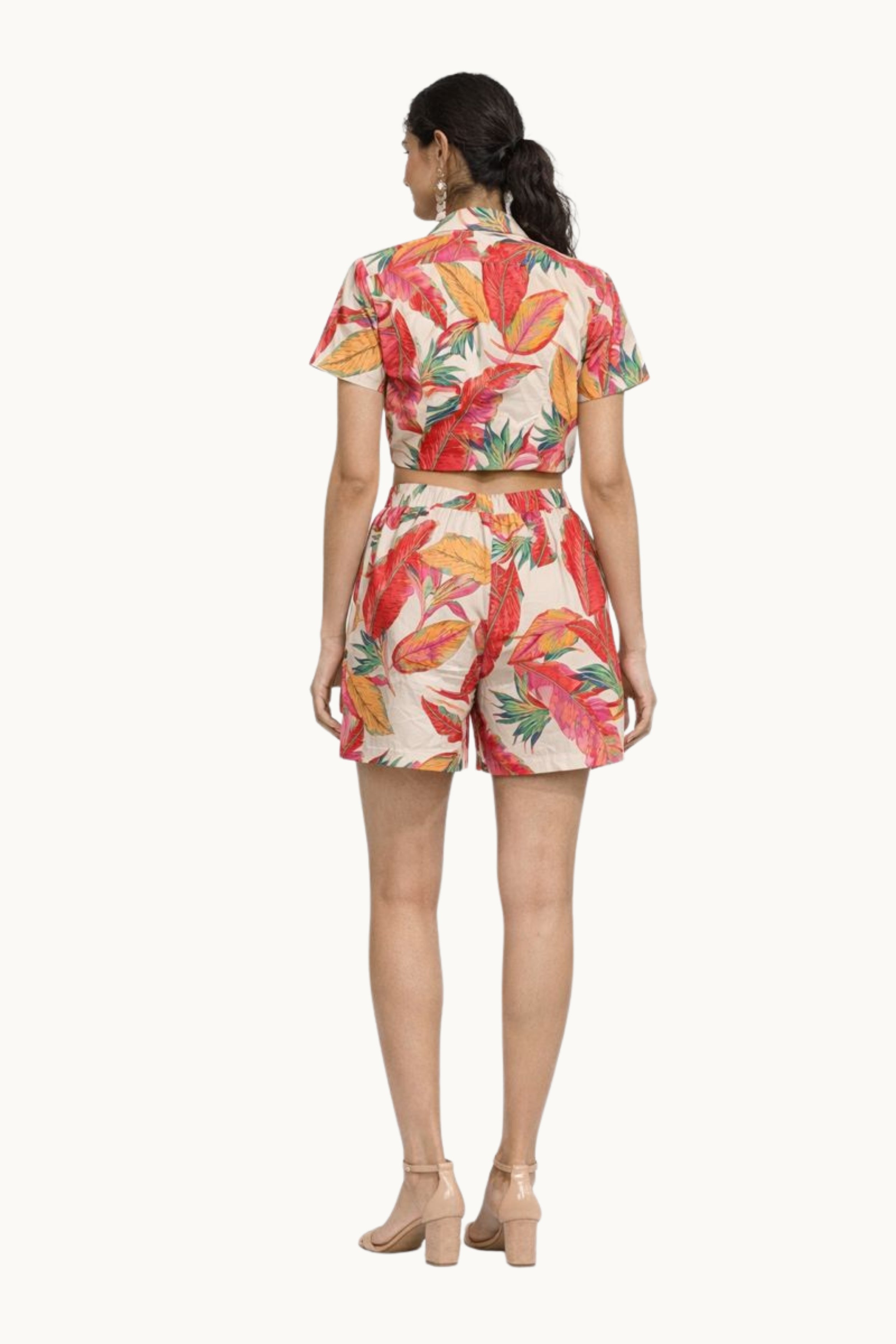 Vibrant Tropical Leaf Print Front-Knot Co-ord Set