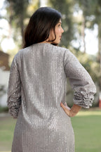 Silver Sequin Shimmer Mini Dress with Floral Appliqué