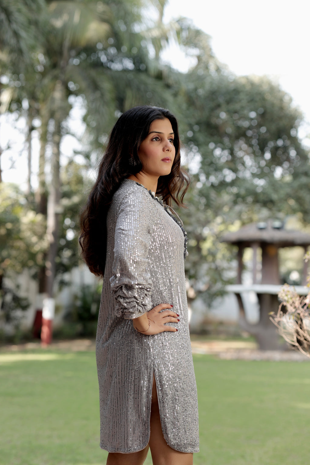 Silver Sequin Shimmer Mini Dress with Floral Appliqué