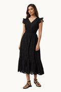 Black Embroidered Cotton Broderie Anglaise Midi Dress