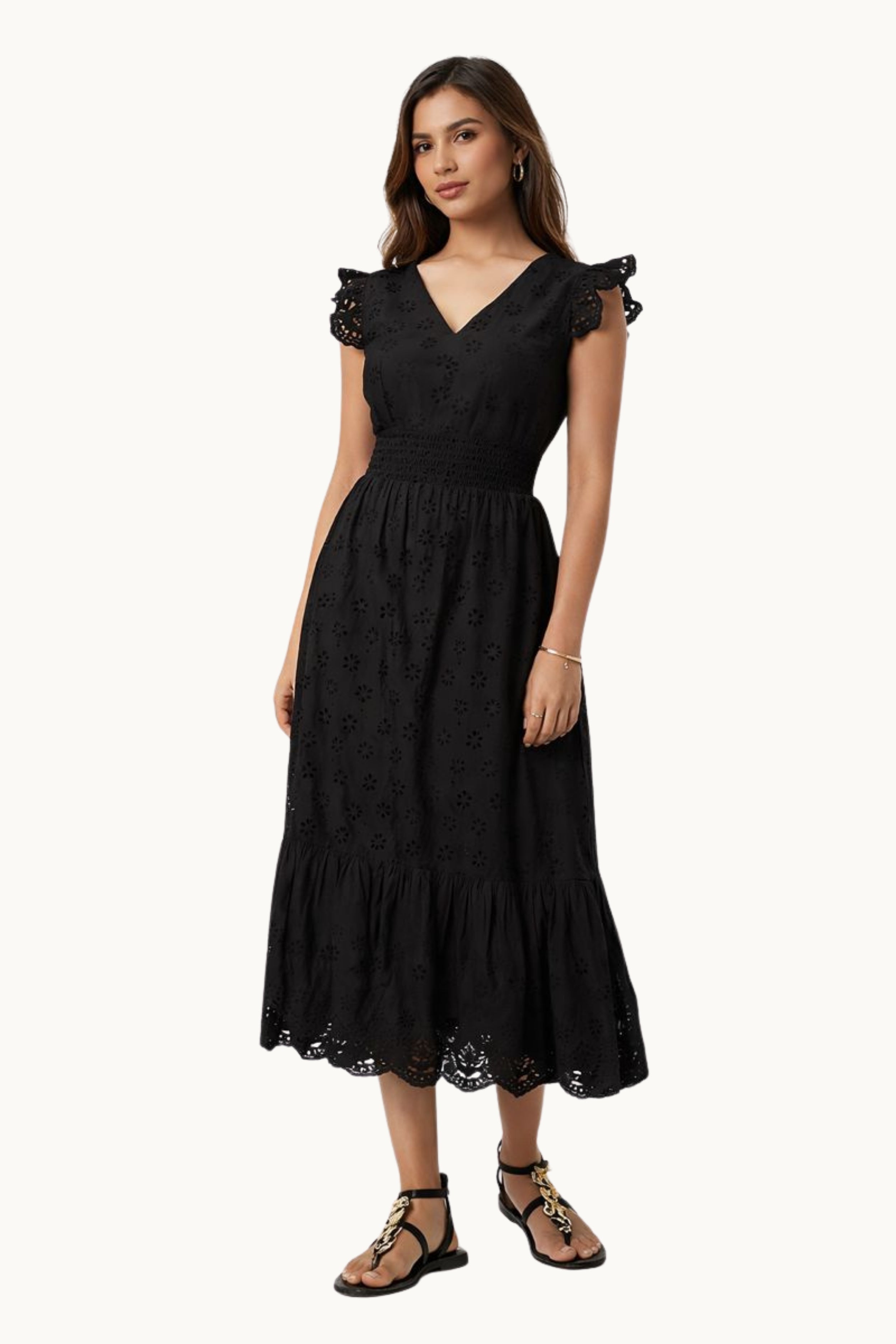 Black Embroidered Cotton Broderie Anglaise Midi Dress