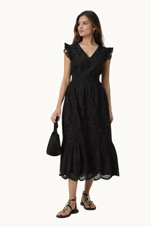 Black Embroidered Cotton Broderie Anglaise Midi Dress