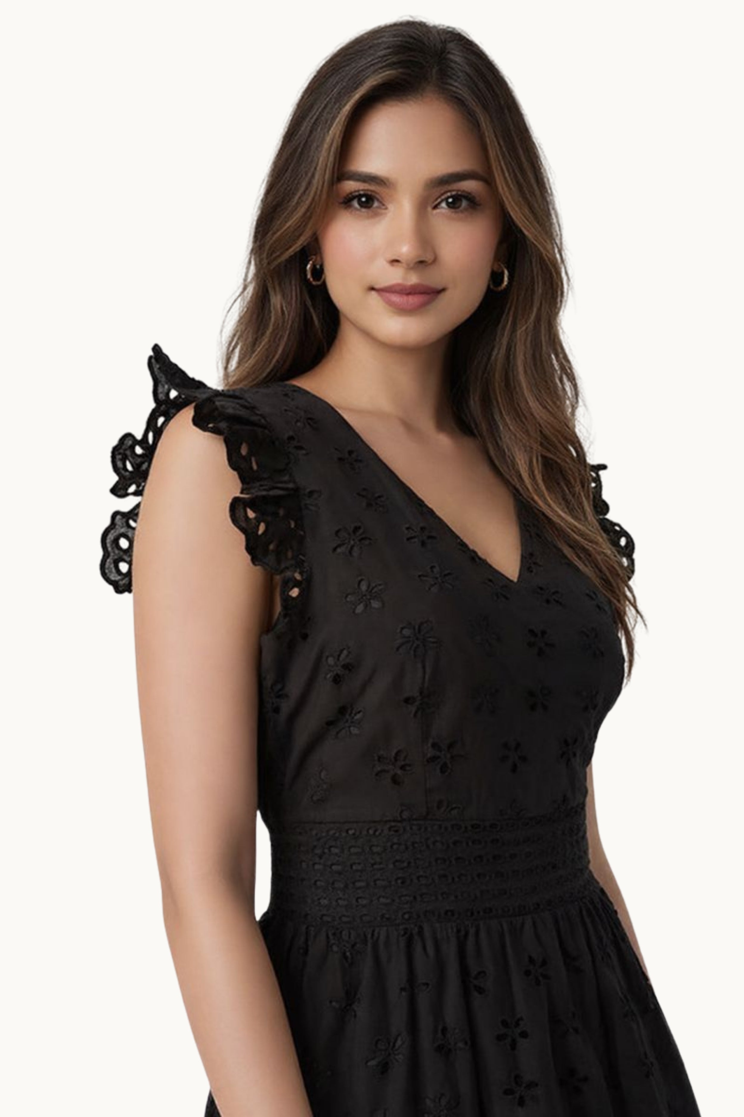 Black Embroidered Cotton Broderie Anglaise Midi Dress