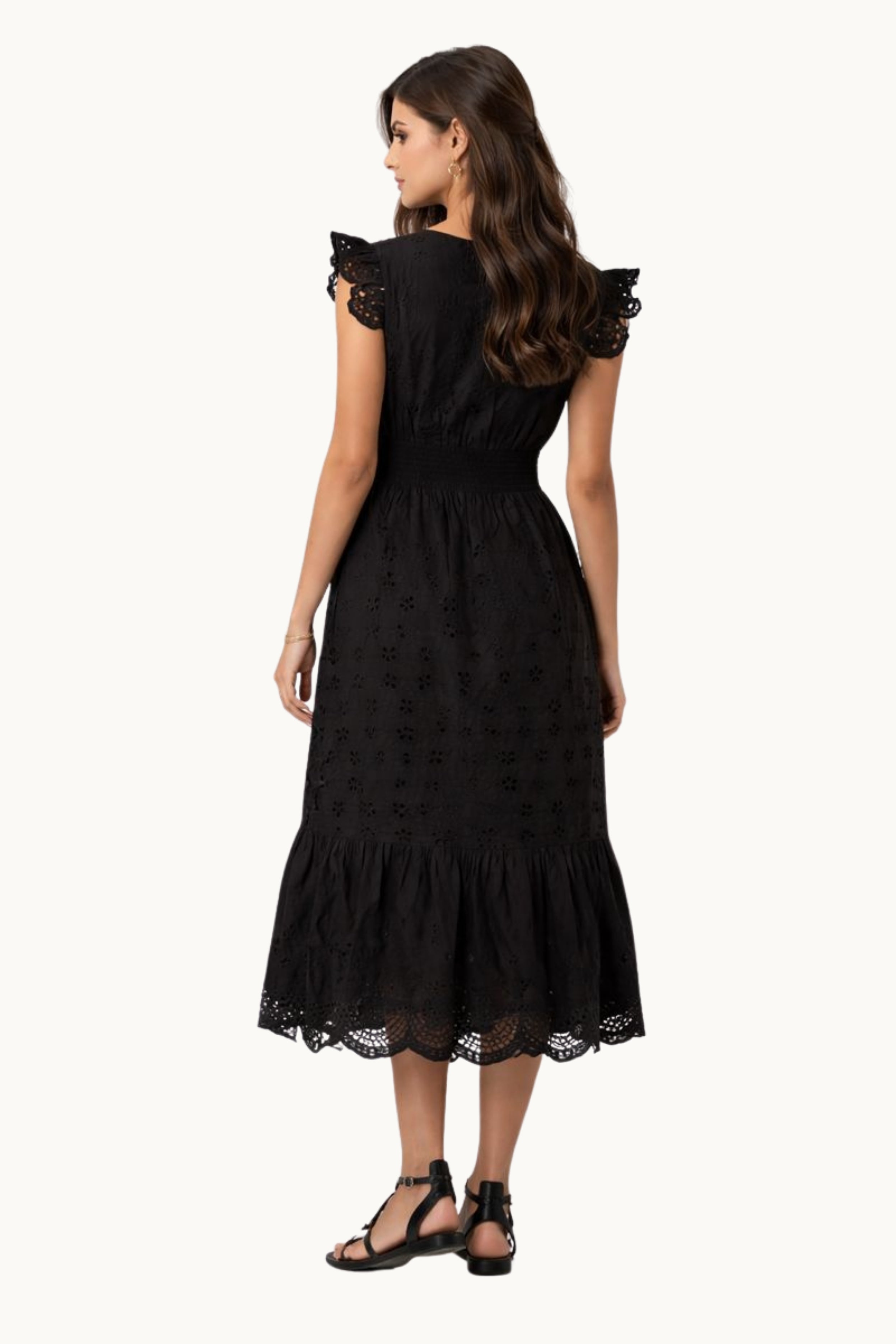 Black Embroidered Cotton Broderie Anglaise Midi Dress