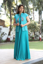 Vibrant Teal Embroidered Mandarine Blouse and Elegant Longline Skirt Set