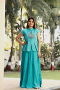 Vibrant Teal Embroidered Mandarine Blouse and Elegant Longline Skirt Set