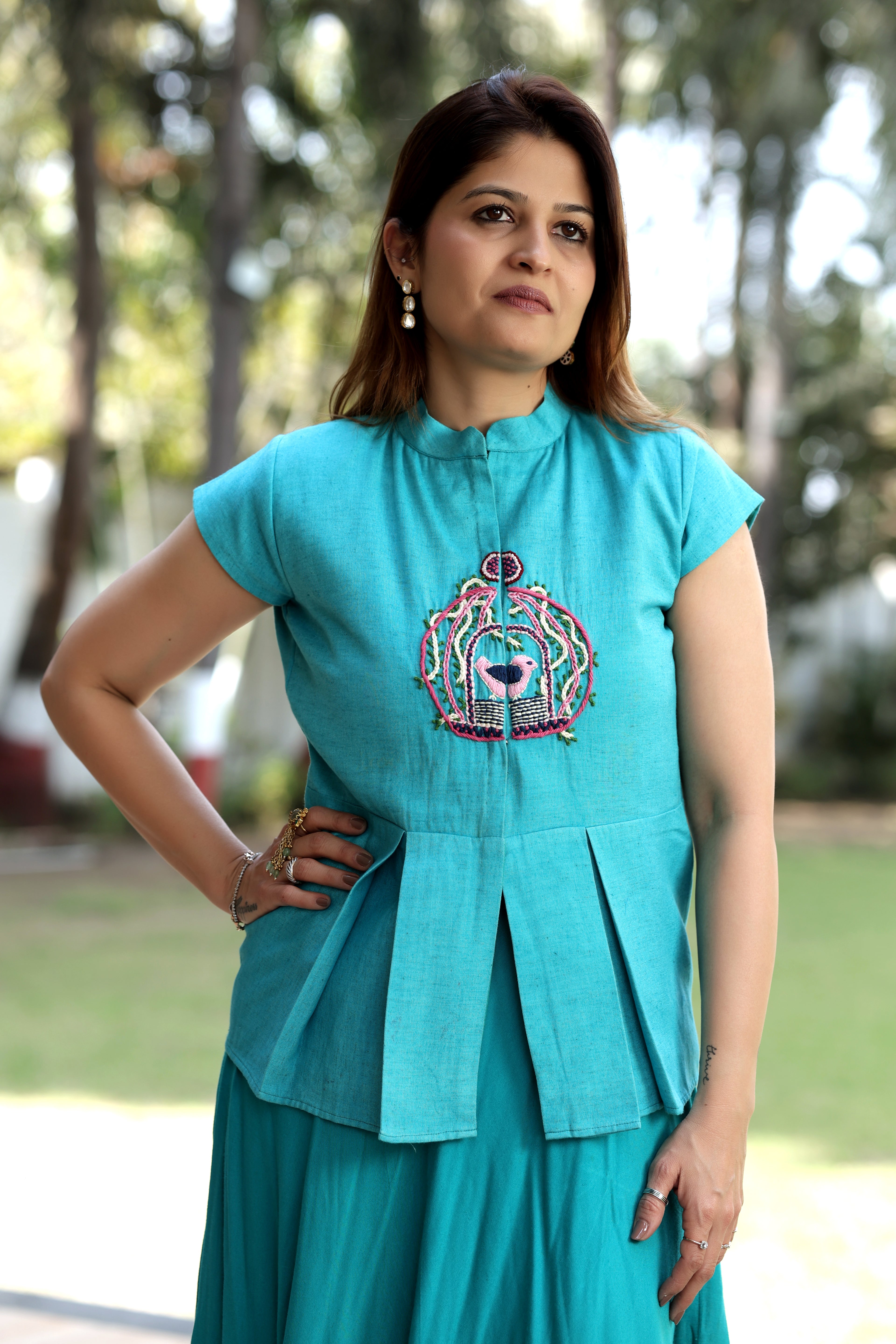 Vibrant Teal Embroidered Mandarine Blouse and Elegant Longline Skirt Set