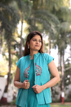 Vibrant Teal Embroidered Mandarine Blouse and Elegant Longline Skirt Set