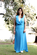 Azure Elegance Draped V-Neck Maxi Dress