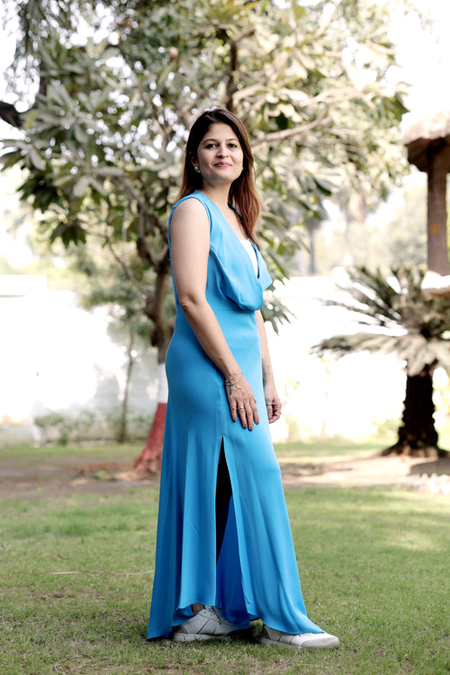 Azure Elegance Draped V-Neck Maxi Dress