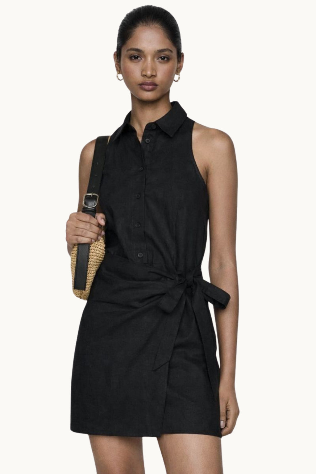 Black Sleeveless Button-Down Mini Shirt Dress