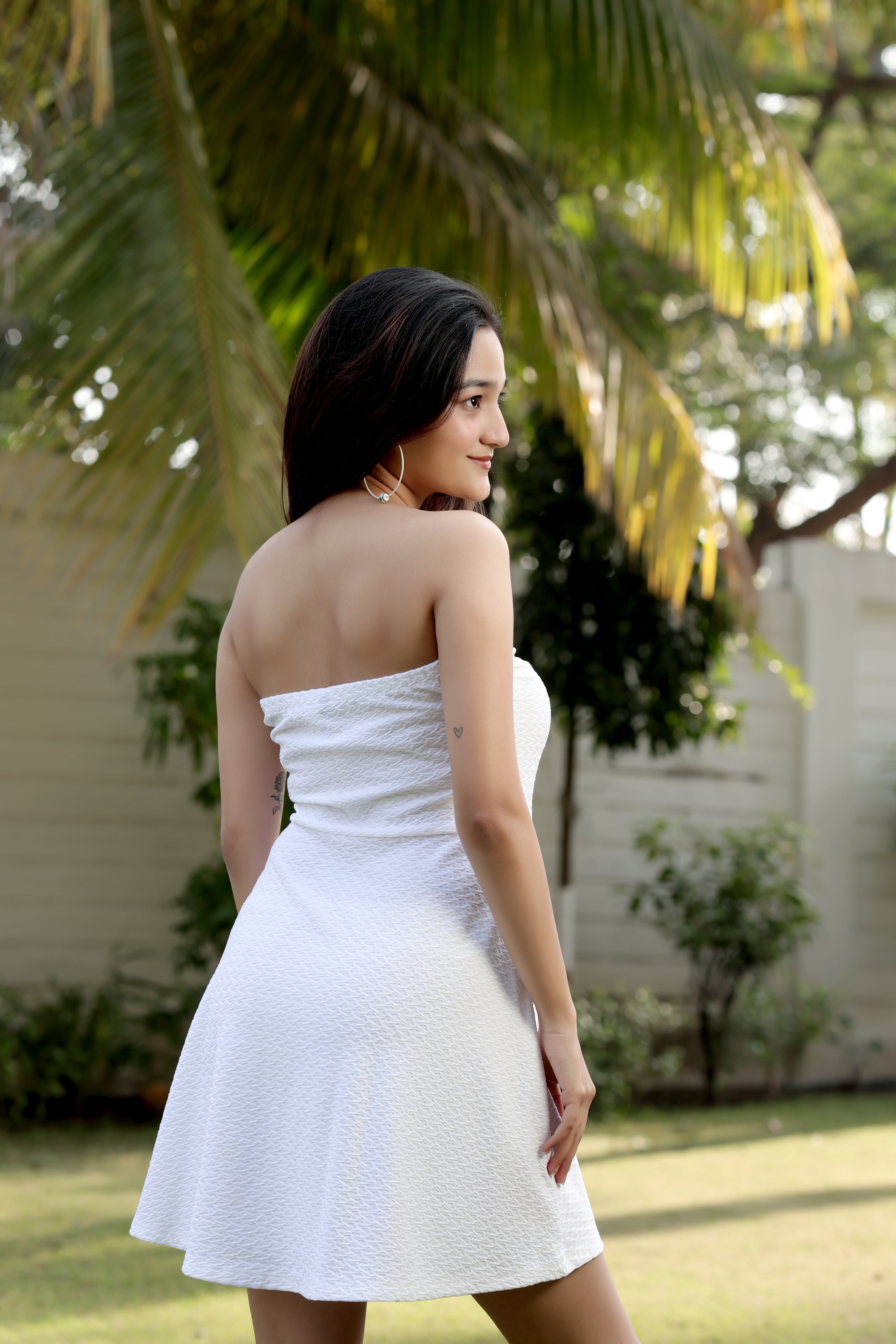 Crisp White Strapless Mini Dress with Subtle Embossed Texture