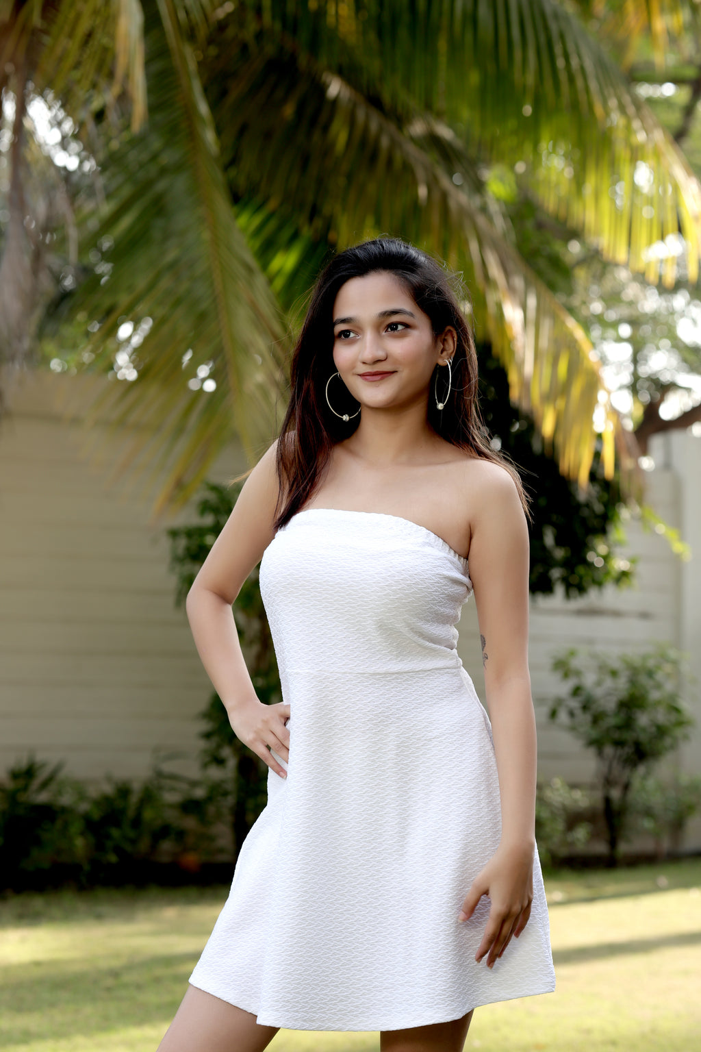 Crisp White Strapless Mini Dress with Subtle Embossed Texture