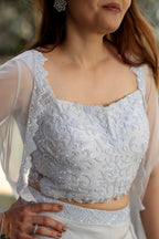 Powder Lavender Embroidered Crop Top with Wide-Leg Palazzos and Sheer Cape Overlay
