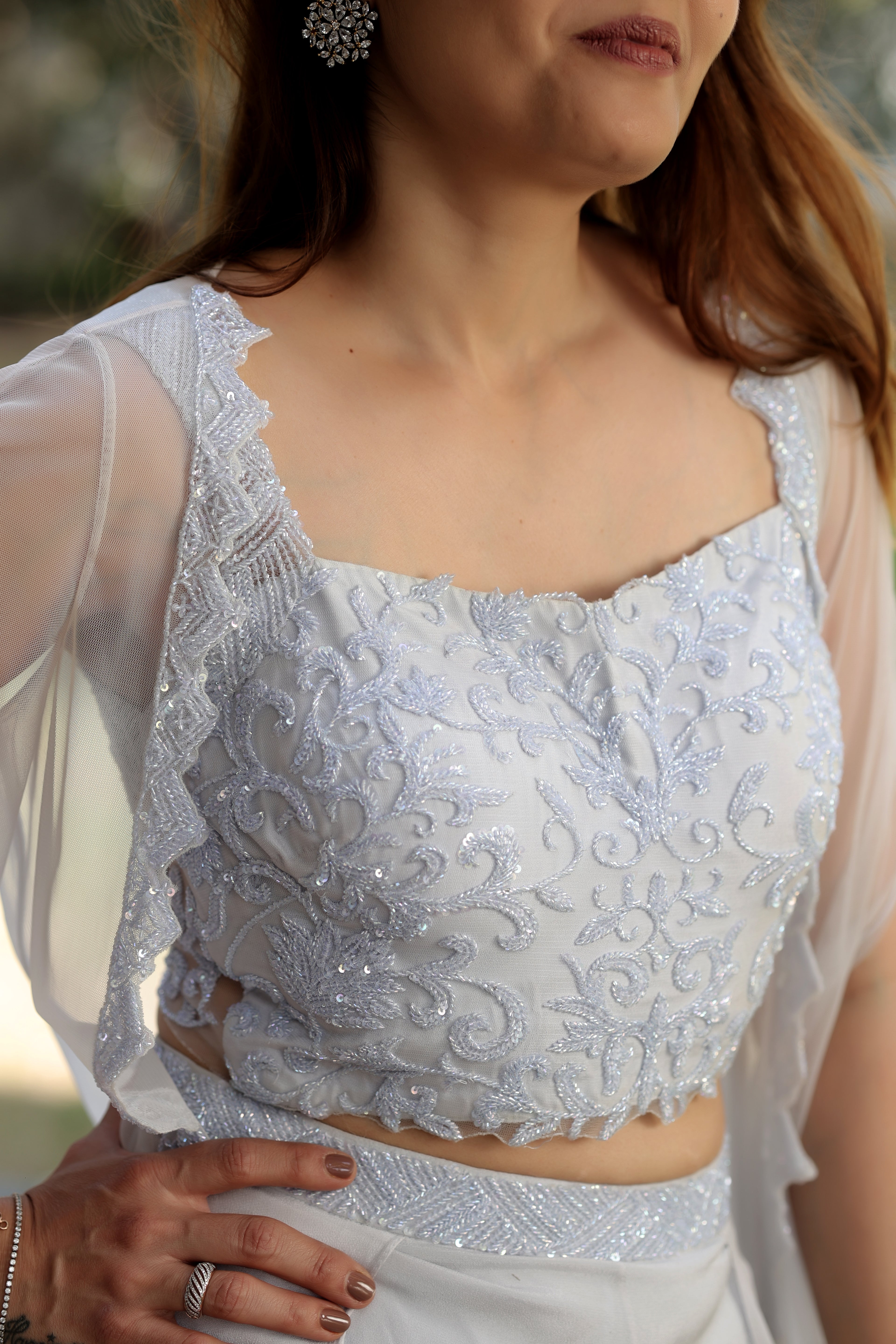 Powder Lavender Embroidered Crop Top with Wide-Leg Palazzos and Sheer Cape Overlay