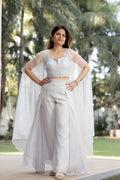 Powder Lavender Embroidered Crop Top with Wide-Leg Palazzos and Sheer Cape Overlay