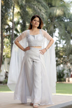 Powder Lavender Embroidered Crop Top with Wide-Leg Palazzos and Sheer Cape Overlay
