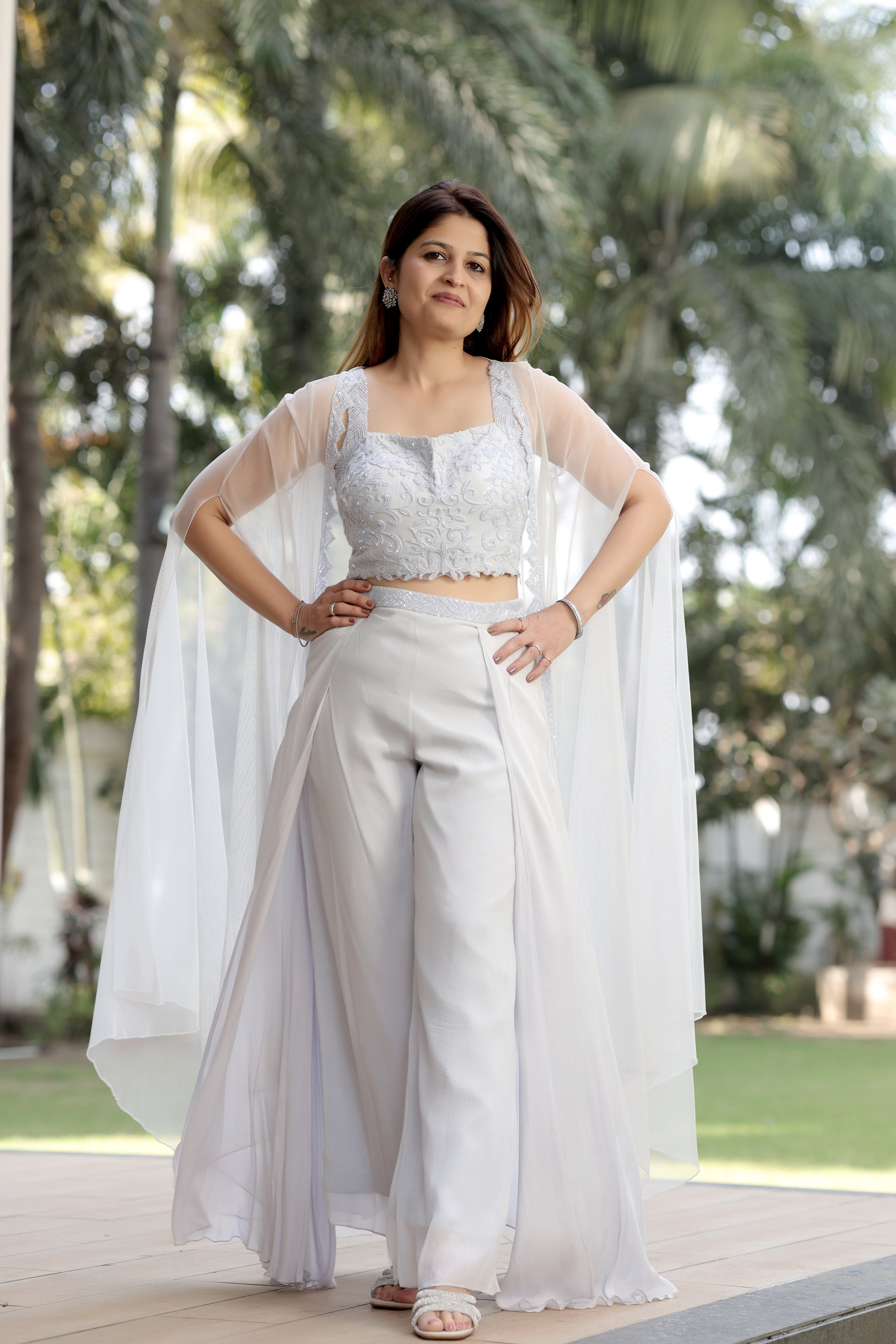 Powder Lavender Embroidered Crop Top with Wide-Leg Palazzos and Sheer Cape Overlay